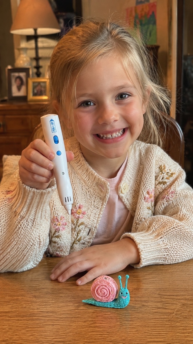 Une enfant sourit en tenant le stylo 3D Pen'Up 3D, un escargot créé en 3D devant elle